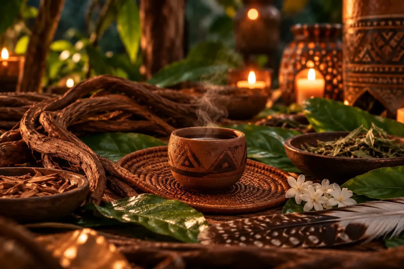 Ayahuasca brew steaming in a ceremonial clay cup beside the vine, leaves and candlelight