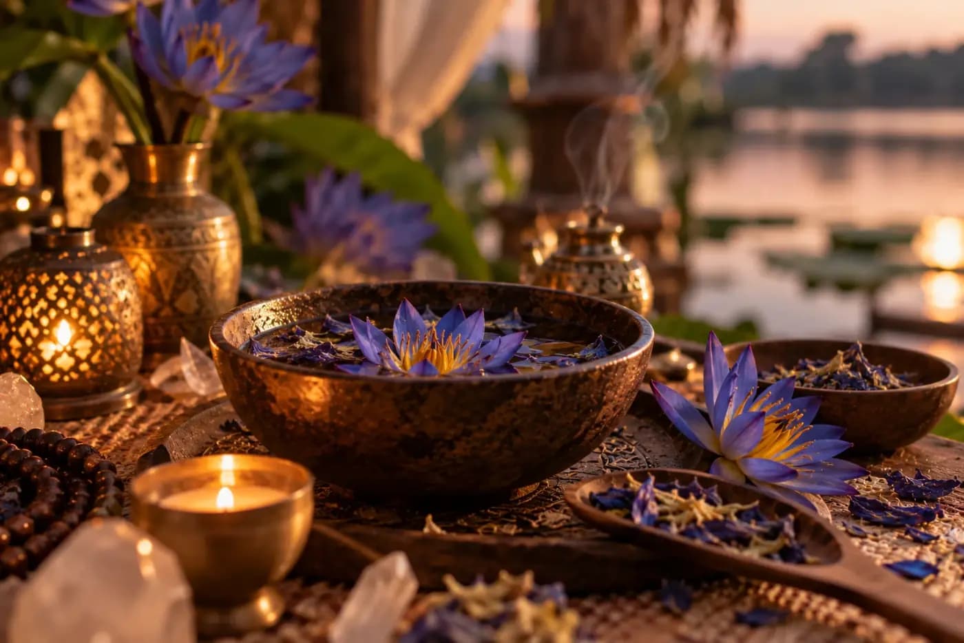Blue lotus flowers floating in a ceremonial bowl at sunset