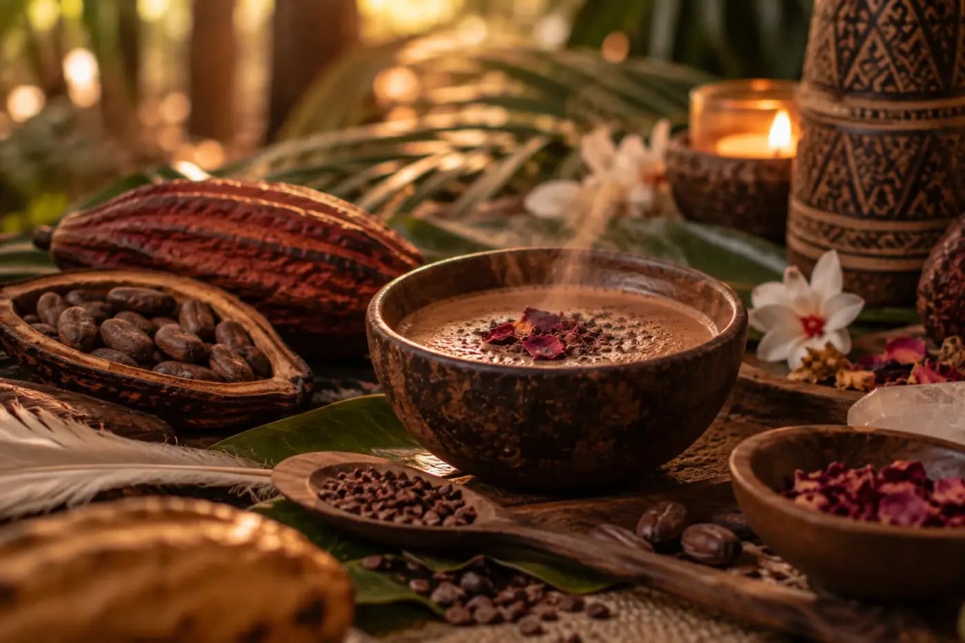 Ceremonial cacao in a carved bowl with cacao pods, beans and rose petals
