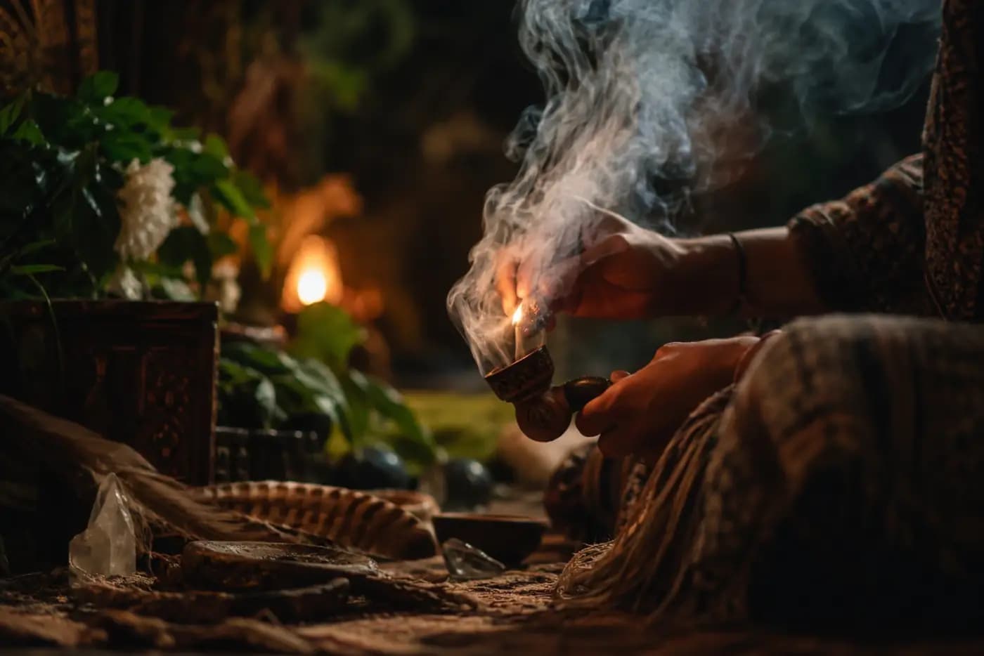 Hands lighting a ceremonial Changa pipe, smoke rising in candlelight