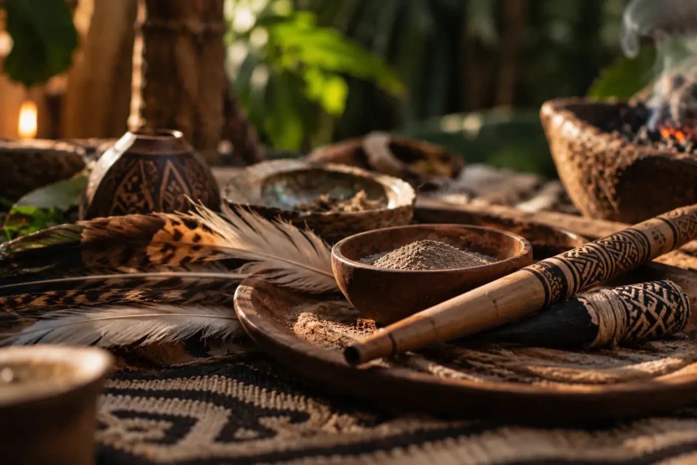 Hapé powder in a wooden bowl with carved applicators and feathers