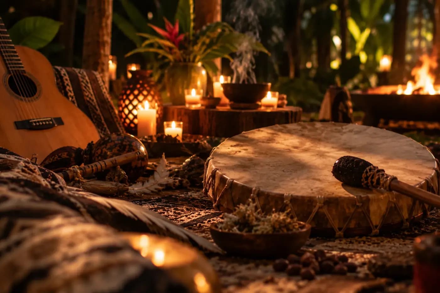 Frame drum, guitar and rattles in a candlelit ceremony space