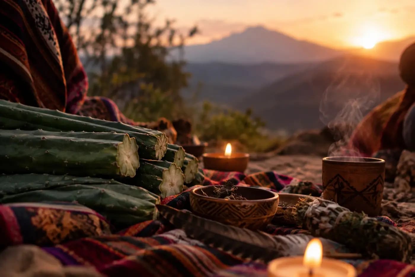 San Pedro cactus, a clay cup and sage on woven cloth at sunset over the mountains