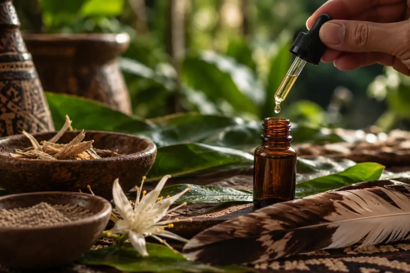 Sananga eye drops falling from a dropper among rainforest leaves